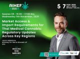 A promotional banner for AIHEF 2025 features Jason Adelstone, who will speak on medical cannabis regulations in Bangkok on November 5, 2025.
