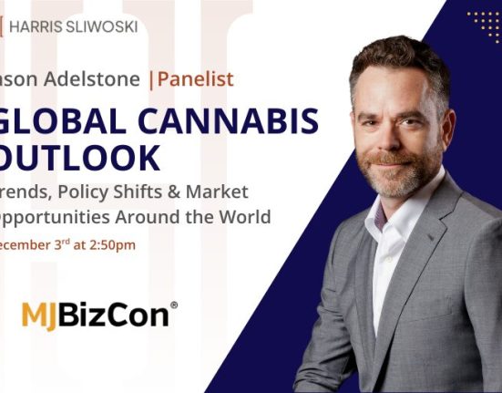A man in a gray suit stands beside text promoting a MJBizCon panel on global cannabis outlook, featuring Jason Adelstone as a panelist, scheduled for December 3rd at 2:50pm.