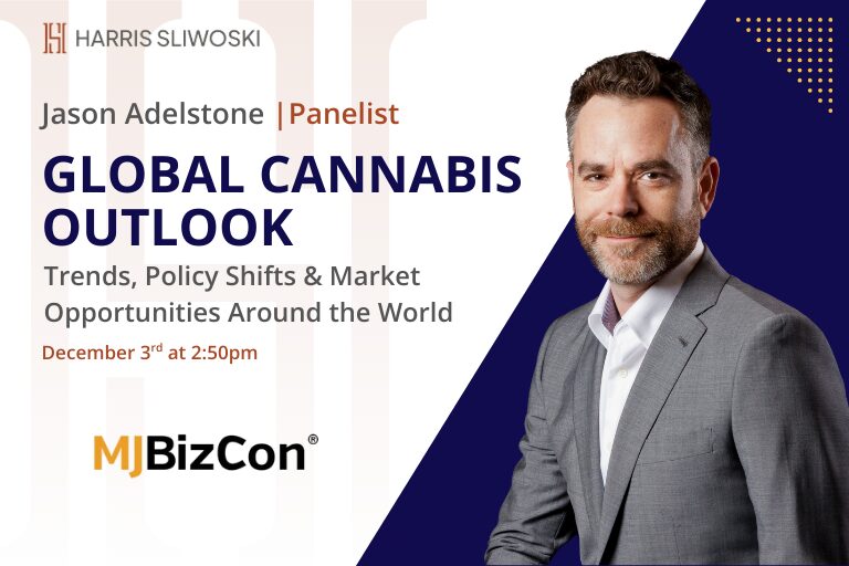 A man in a gray suit stands beside text promoting a MJBizCon panel on global cannabis outlook, featuring Jason Adelstone as a panelist, scheduled for December 3rd at 2:50pm.