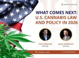 Event poster featuring the U.S. flag, cannabis leaf, and photos of two attorneys advertising a cannabis webinar on U.S. cannabis law and policy in 2026, scheduled for January 15, 2026.