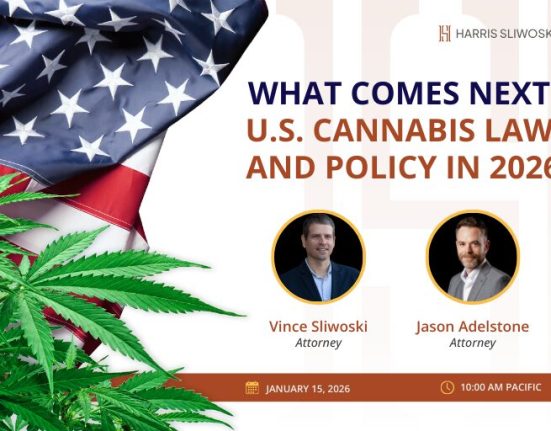 Event poster featuring the U.S. flag, cannabis leaf, and photos of two attorneys advertising a cannabis webinar on U.S. cannabis law and policy in 2026, scheduled for January 15, 2026.