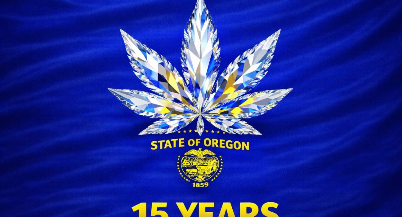 A diamond-patterned cannabis leaf, symbolizing Oregon cannabis, sits above the state seal and "15 YEARS" in yellow on a blue background with "STATE OF OREGON" text.
