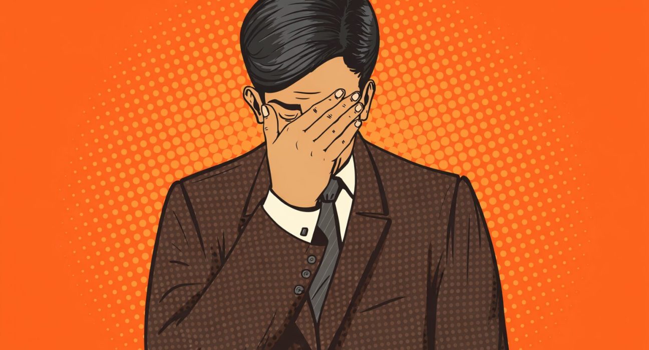 Illustration of a man in a suit covering his face with one hand, set against an orange background with a dotted pattern—conveying the frustration often faced under IRC 280E marijuana tax regulations.