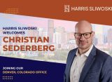 A man in a suit and glasses stands in front of a cityscape with text welcoming Christian Sederberg to Harris Sliwoski’s Denver, Colorado office.