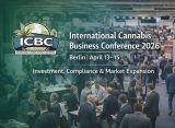 A large crowd attends a business conference. Text reads: International Cannabis Business Conference 2026, Berlin April 13–15, Investment, Compliance & Market Expansion.
