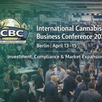 A large crowd attends a business conference. Text reads: International Cannabis Business Conference 2026, Berlin April 13–15, Investment, Compliance & Market Expansion.