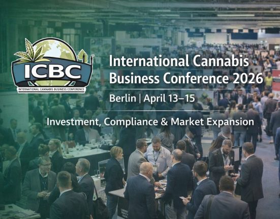 A large crowd attends a business conference. Text reads: International Cannabis Business Conference 2026, Berlin April 13–15, Investment, Compliance & Market Expansion.