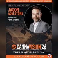 A promotional poster for Cannavision’26 featuring Jason Adelstone, Attorney, MBA, with event details and a professional headshot.