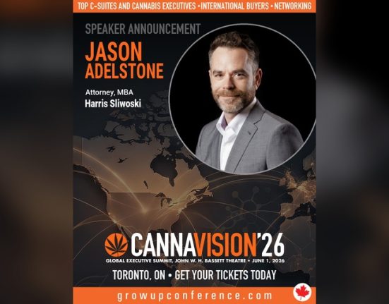 A promotional poster for Cannavision’26 featuring Jason Adelstone, Attorney, MBA, with event details and a professional headshot.