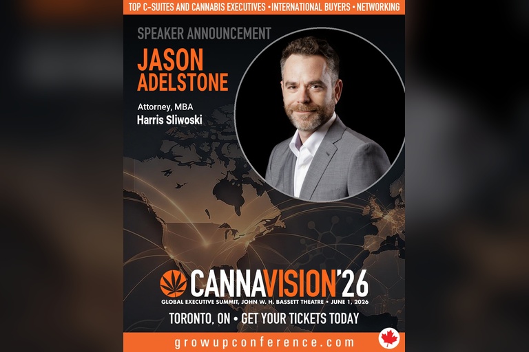 A promotional poster for Cannavision’26 featuring Jason Adelstone, Attorney, MBA, with event details and a professional headshot.