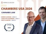 Two men in business attire stand side by side. Text highlights "Chambers USA 2026: Cannabis Law" and lists Harris Sliwoski, Christian Sederberg, and Vince Sliwoski with ranking bands.