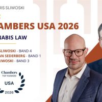 Two men in business attire stand side by side. Text highlights "Chambers USA 2026: Cannabis Law" and lists Harris Sliwoski, Christian Sederberg, and Vince Sliwoski with ranking bands.