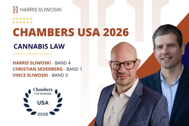Two men in business attire stand side by side. Text highlights "Chambers USA 2026: Cannabis Law" and lists Harris Sliwoski, Christian Sederberg, and Vince Sliwoski with ranking bands.