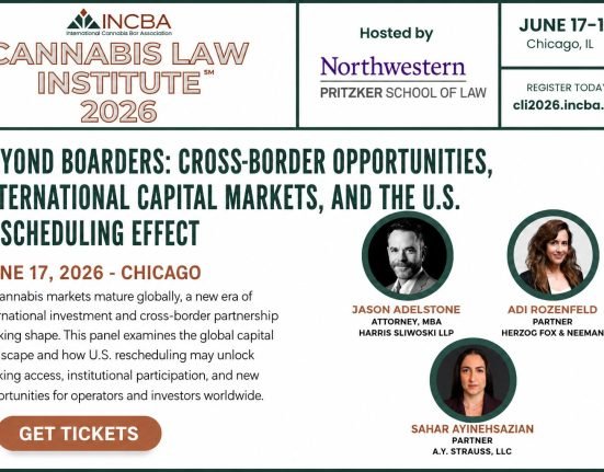 Event flyer for the 2026 Cannabis Law Institute in Chicago, highlighting a panel on cross-border opportunities featuring three speakers, hosted by Pritzker School of Law.