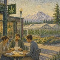 Three people sit at a round table outside a cannabis shop, reviewing Washington Cannabis Licensing papers. Greenhouses, trees, and a snow-capped mountain are visible in the background.