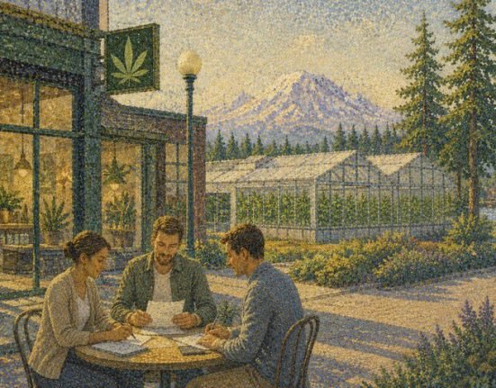 Three people sit at a round table outside a cannabis shop, reviewing Washington Cannabis Licensing papers. Greenhouses, trees, and a snow-capped mountain are visible in the background.