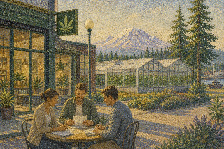 Three people sit at a round table outside a cannabis shop, reviewing Washington Cannabis Licensing papers. Greenhouses, trees, and a snow-capped mountain are visible in the background.