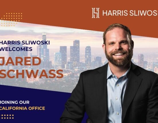 Jared Schwass is welcomed to the Harris Sliwoski California office, with his photo in front of a cityscape background and company branding.