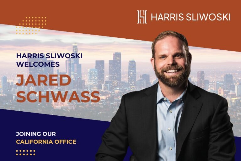 Jared Schwass is welcomed to the Harris Sliwoski California office, with his photo in front of a cityscape background and company branding.
