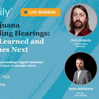 Webinar banner for "DEA Marijuana Rescheduling Hearings," featuring four speakers, event date July 17, 2026, and a "Live Webinar" label.