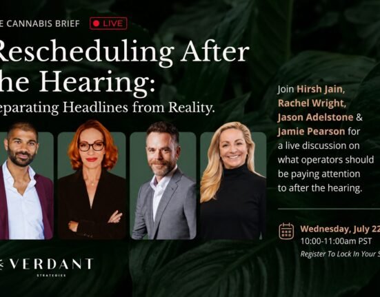 Event banner for “Rescheduling After the Hearing” with four speakers' photos, event details, and information on a live cannabis industry discussion, scheduled for Wednesday, July 22nd, 10-11am PST.