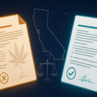 Two documents flank a map of California: one with a marijuana leaf and an X, the other with a checkmark. A scale of justice symbol is shown in the background.