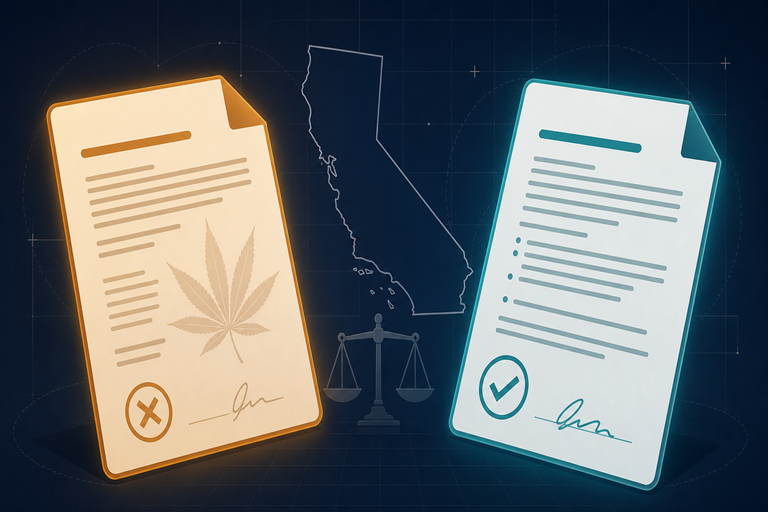 Two documents flank a map of California: one with a marijuana leaf and an X, the other with a checkmark. A scale of justice symbol is shown in the background.