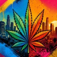 A colorful marijuana leaf is centered over a stylized city skyline with palm trees, set against a vibrant, split-color background of blue, yellow, pink, and orange—capturing the lively spirit of California cannabis culture.