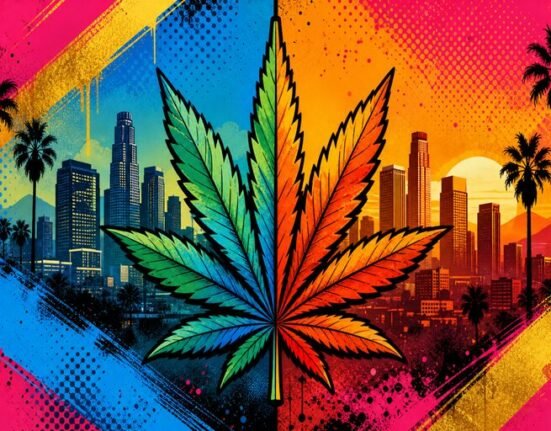 A colorful marijuana leaf is centered over a stylized city skyline with palm trees, set against a vibrant, split-color background of blue, yellow, pink, and orange—capturing the lively spirit of California cannabis culture.