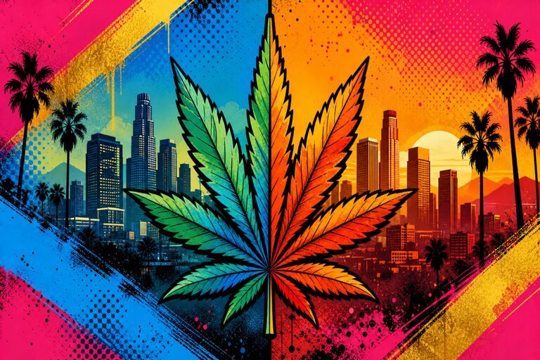 A colorful marijuana leaf is centered over a stylized city skyline with palm trees, set against a vibrant, split-color background of blue, yellow, pink, and orange—capturing the lively spirit of California cannabis culture.