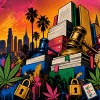Stacks of legal documents, gavels, and padlocks in front of a city skyline, palm trees, cannabis leaves, and checklists, with a colorful, graffiti-style background.
