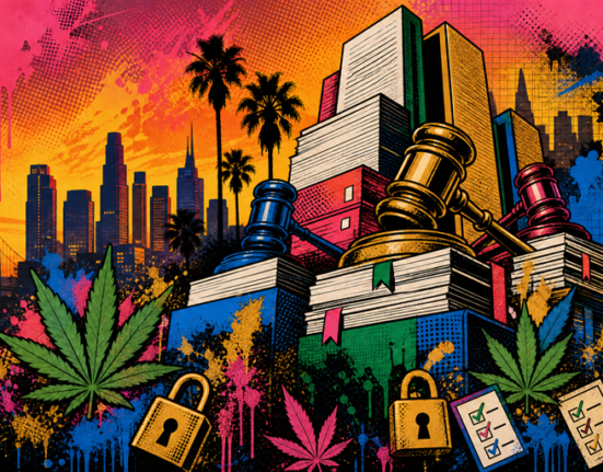 Stacks of legal documents, gavels, and padlocks in front of a city skyline, palm trees, cannabis leaves, and checklists, with a colorful, graffiti-style background.
