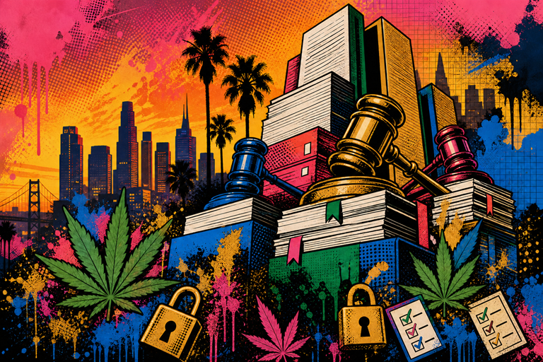 Stacks of legal documents, gavels, and padlocks in front of a city skyline, palm trees, cannabis leaves, and checklists, with a colorful, graffiti-style background.