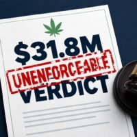 Legal document with a green cannabis leaf, “$31.8M VERDICT” text, “UNENFORCEABLE” stamped in red, and a judge’s gavel to the right.