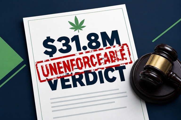 Legal document with a green cannabis leaf, “$31.8M VERDICT” text, “UNENFORCEABLE” stamped in red, and a judge’s gavel to the right.