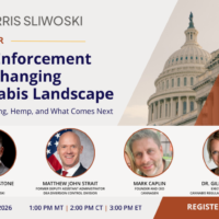 Webinar banner: “DEA Enforcement in a Changing Cannabis Landscape” with photos of four speakers, event date October 8, 2026, and times listed for multiple time zones.