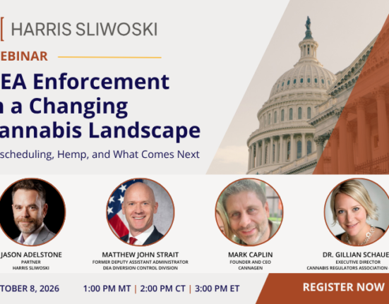 Webinar banner: “DEA Enforcement in a Changing Cannabis Landscape” with photos of four speakers, event date October 8, 2026, and times listed for multiple time zones.