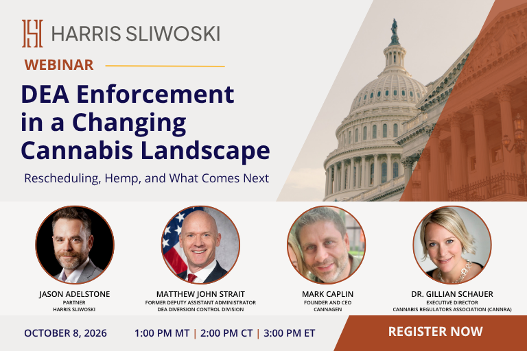 Webinar banner: “DEA Enforcement in a Changing Cannabis Landscape” with photos of four speakers, event date October 8, 2026, and times listed for multiple time zones.