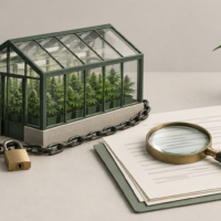 A miniature greenhouse containing cannabis plants, wrapped in a chain with a padlock, sits next to a clipboard with a magnifying glass and a small potted cannabis plant.
