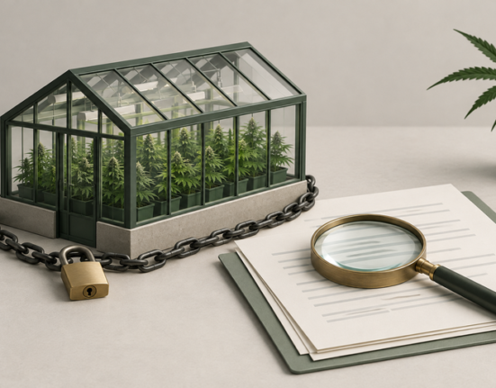 A miniature greenhouse containing cannabis plants, wrapped in a chain with a padlock, sits next to a clipboard with a magnifying glass and a small potted cannabis plant.