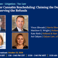 Webinar flyer titled “280E After Cannabis Rescheduling: Claiming the Deductions and Preserving the Refunds” featuring four speakers and event details for October 23, 2026.