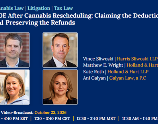 Webinar flyer titled “280E After Cannabis Rescheduling: Claiming the Deductions and Preserving the Refunds” featuring four speakers and event details for October 23, 2026.