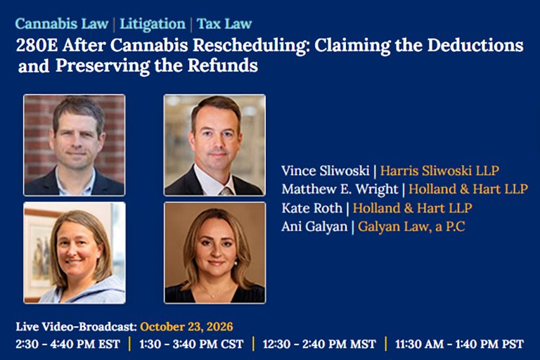 Webinar flyer titled “280E After Cannabis Rescheduling: Claiming the Deductions and Preserving the Refunds” featuring four speakers and event details for October 23, 2026.