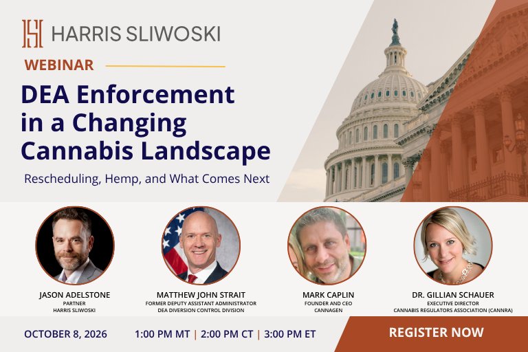 Webinar banner: “DEA Enforcement in a Changing Cannabis Landscape” with photos of four speakers, event date October 8, 2026, and times listed for multiple time zones.