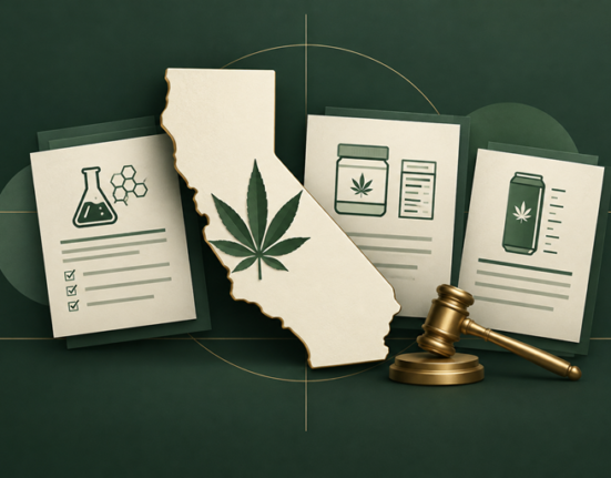 A map of California featuring a cannabis leaf, surrounded by documents with scientific and product icons, next to a gavel on a dark green background.